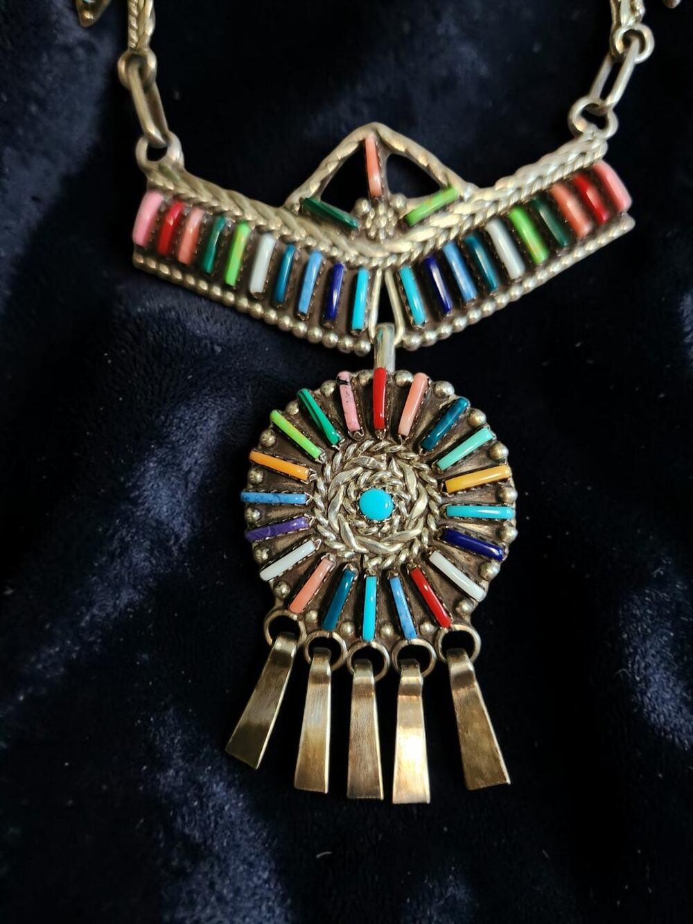 Zuni Sterling Multi-stone Rainbow Petit Point Necklace, Pendant & Earring Set
